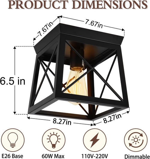 1 Light Black Industrial Flush Mount Ceiling Light Fixture - Square Farmhouse Caged Ceiling Light for Closet Kitchen Hallway Porch, E26, Dimmable