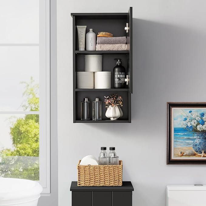 Bathroom Wall Cabinet with Single Door, Soft-Close Hinges, 15x27 inch Wooden