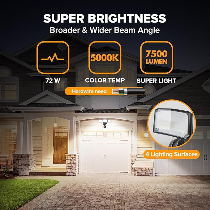 LUTEC 72W 7500LM LED Security Lights Motion Sensor Light Outdoor, 5000K Daylight