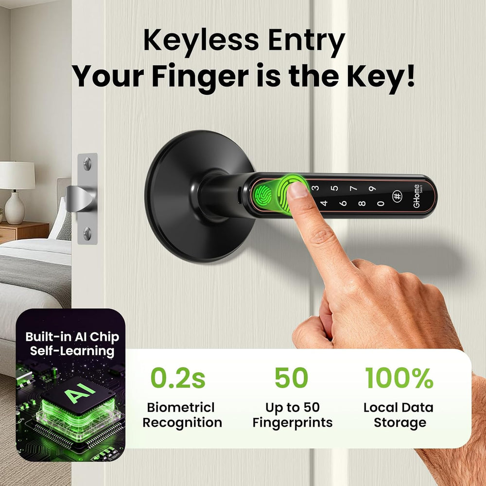 GHome Smart Fingerprint Door Knob with Lock, 4-in-1 Door Lock for Bedroom
