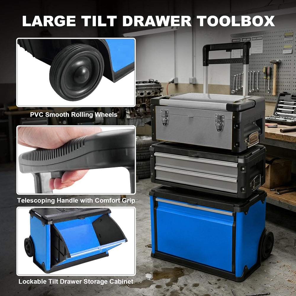 Stackable Rolling Tool Box Portable Metal Toolbox Organizer with Wheels and 2...