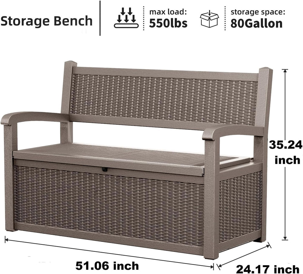 80 Gallon Storage Bench Deck Box Resin Patio Furniture with Armrest, Waterpro...