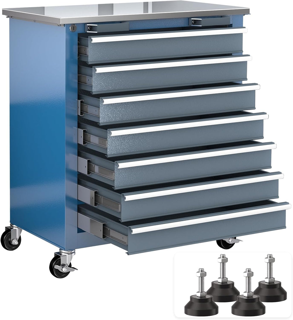LARBANKE 7-Drawer Rolling Tool Chest with Wheels&Foot Pads,Bluetool Cabinet