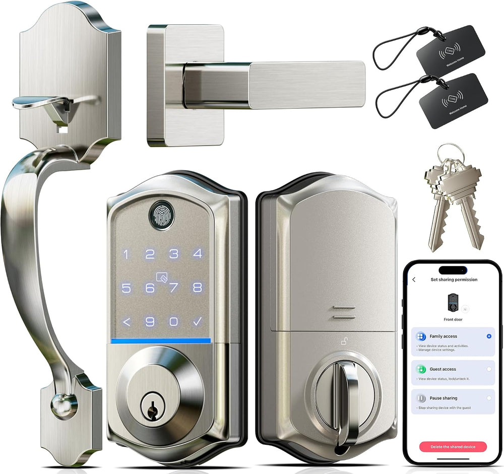 Veise VE017-H 8-in-1 Fingerprint Smart Front Door Lock Set, Satin Nickel