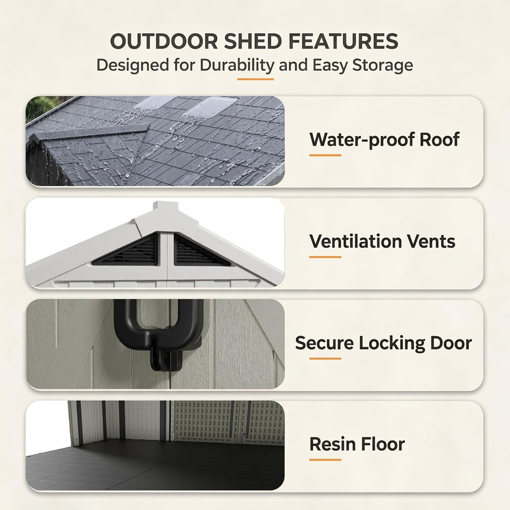 Devoko 10x10 FT Resin Storage Shed with Floor, Sheds with 3 Lockable Doors