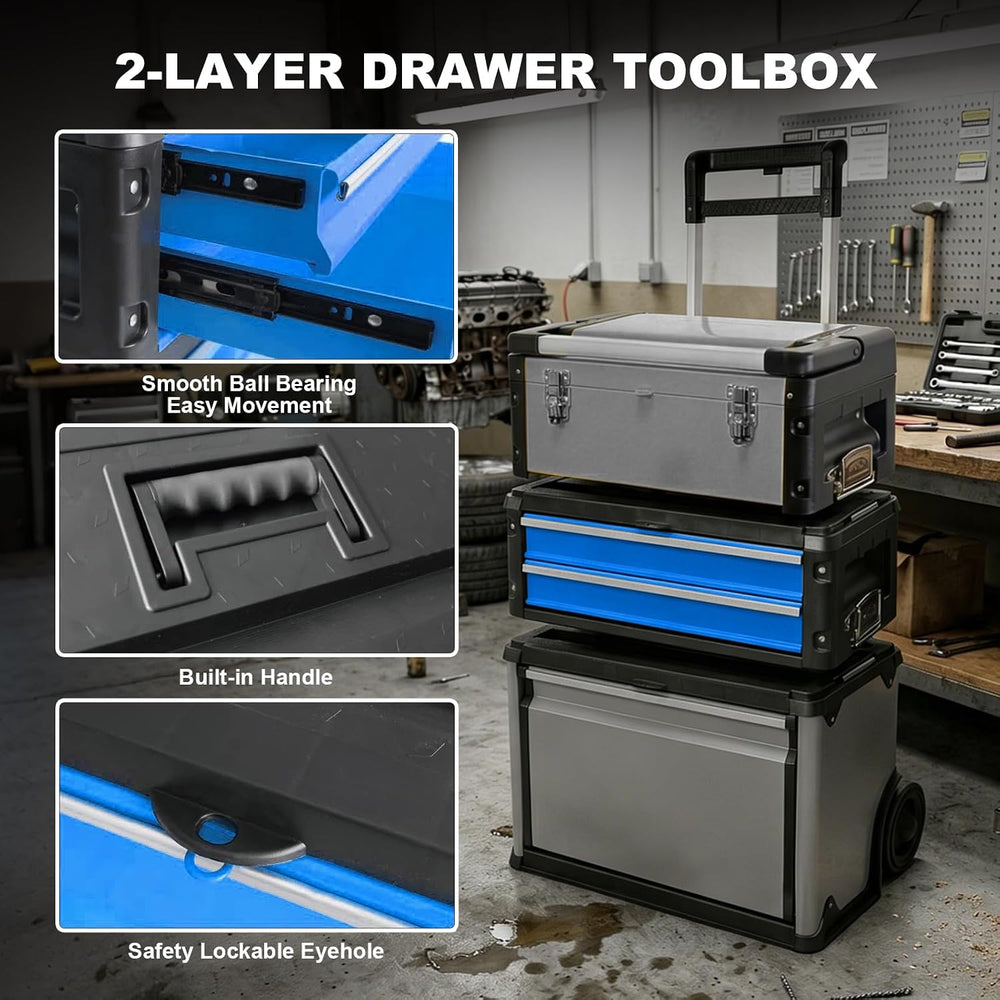 Stackable Rolling Tool Box Portable Metal Toolbox Organizer with Wheels and 2...