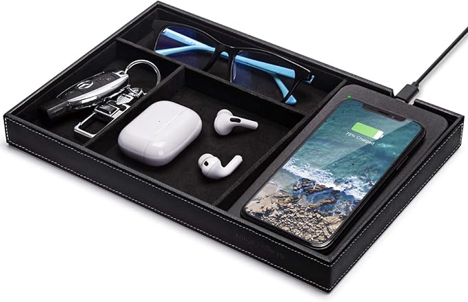 Valet Tray, Built in Wireless Charging Pad, Nightstand Organizer, Dresser