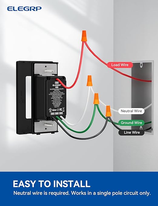 ELEGRP Smart Dimmer Light Switch DTR10, Single Pole Setup, 2.4GHz Wi-Fi Touch...