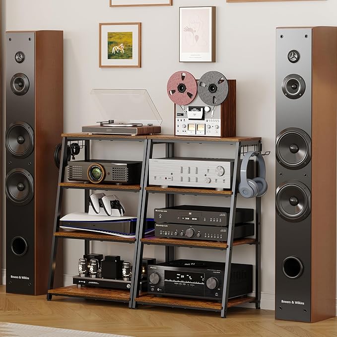 4-Tier AV Media Stand with 2 Hooks, Heavy Duty Stereo Cabinet Furniture-Large