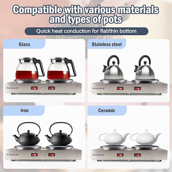 Commercial Double Coffee Carafe Warmer, Stainless Steel, 2 Burners Decanter