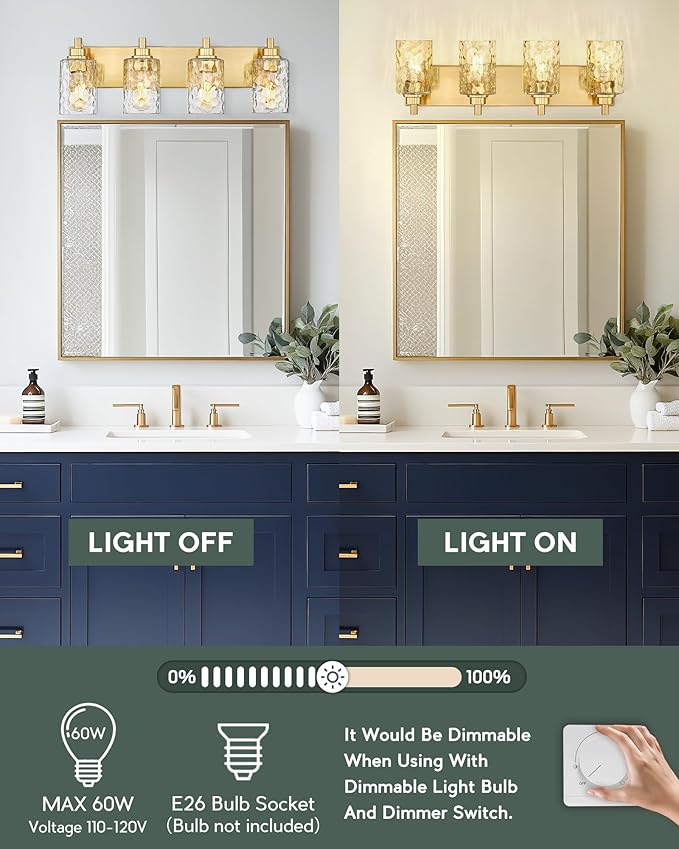 METWET 4-Light Bathroom Light Fixtures, 24.5 Inch Brushed Gold Vanity Lights