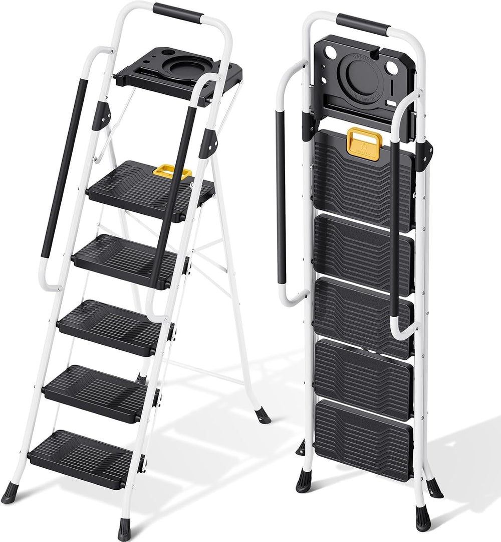 KINGRACK 5 Step Ladder, Folding Step Ladders for Home, 800lb Capacity,White