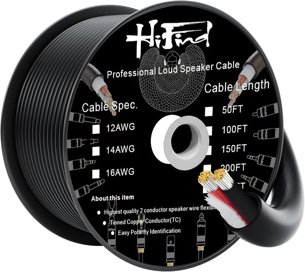 HiFind 12/2 Gauge Speaker Wire Cable 200 Ft-Tinned OFC Copper-UL CL3 Rated-