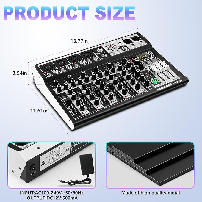 6 Channel Audio Interface Sound Board Mixing Console 16-Bit DSP DJ Mixer Audio
