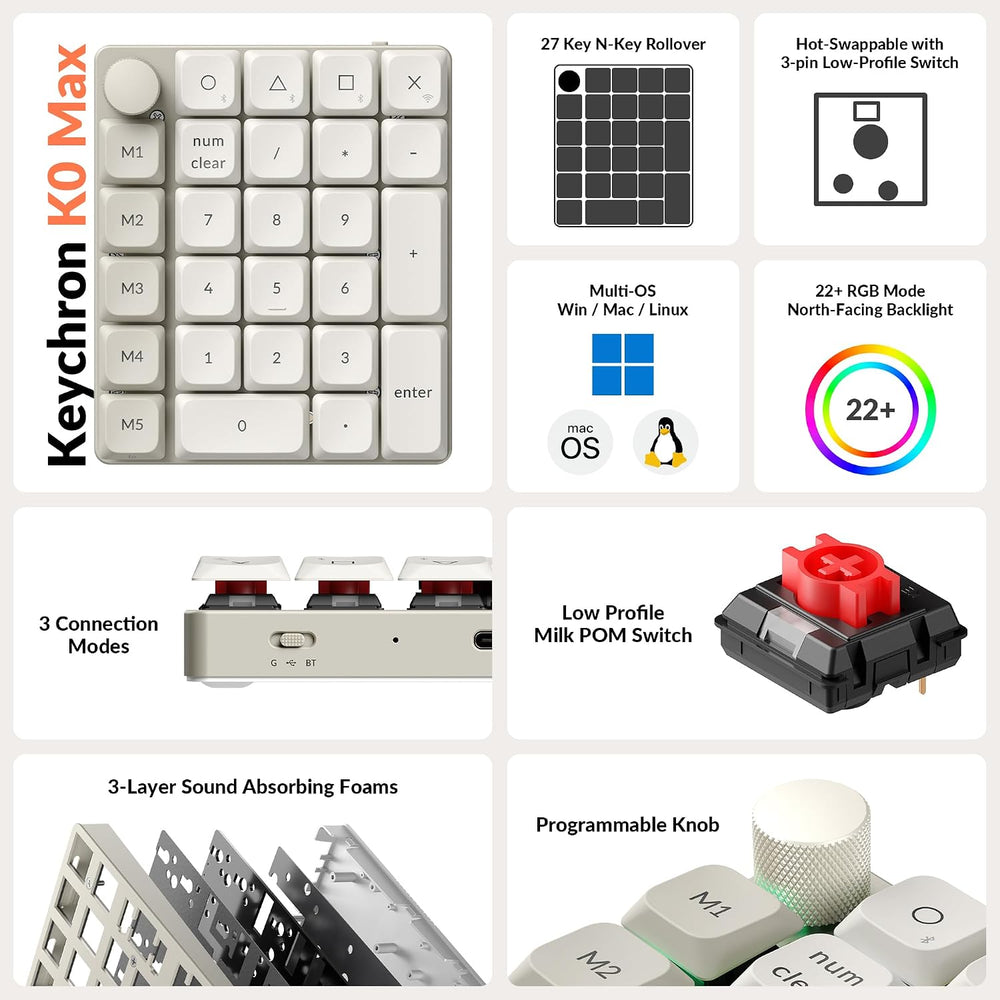 Keychron K0 Max QMK Wireless Custom Number Low-Profile RGB Backlit (Hot-Swapp...