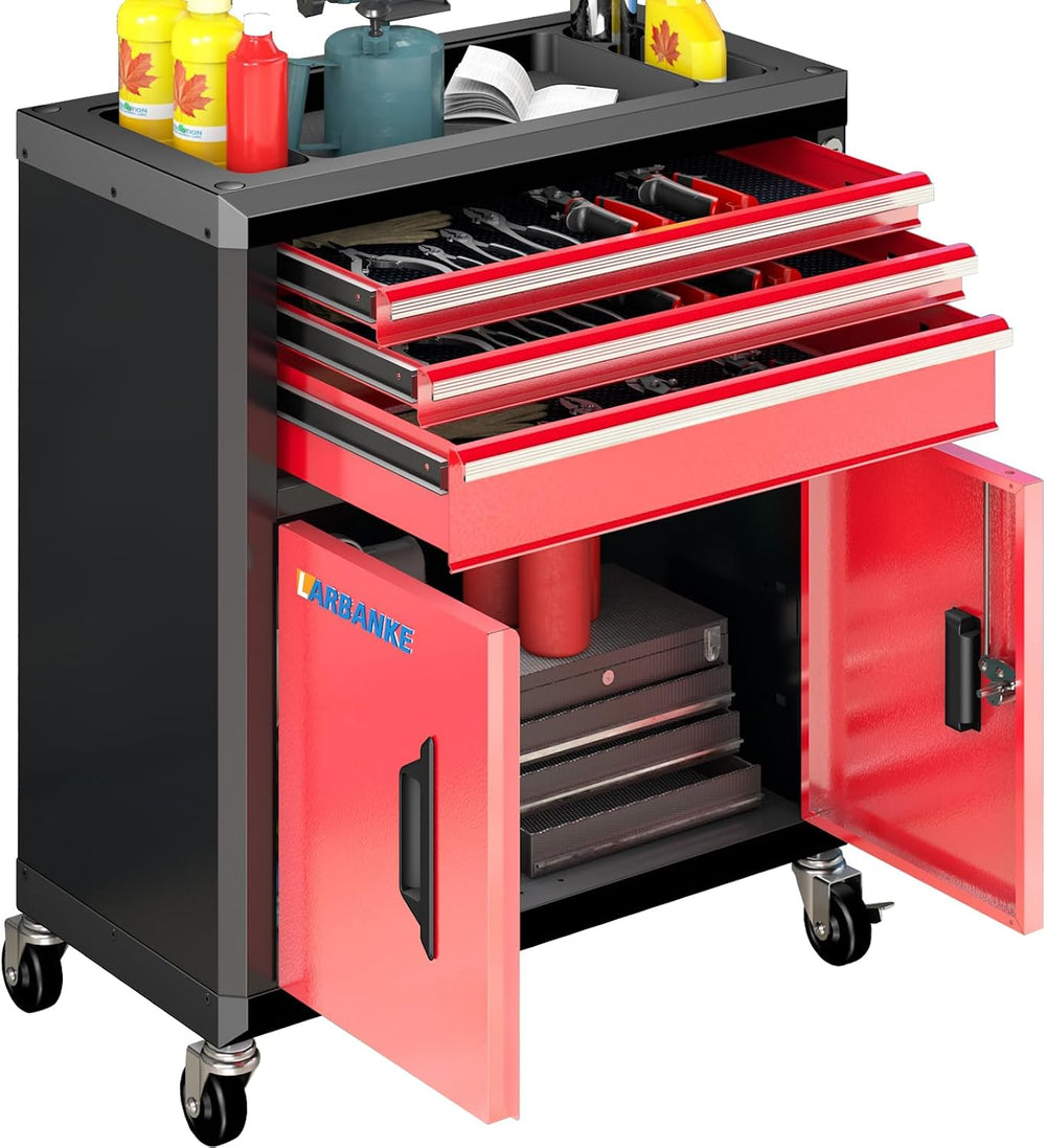 LARBANKE Rolling Tool Chest with 3 Drawers&2 Doors,Tool Chest with Wheels