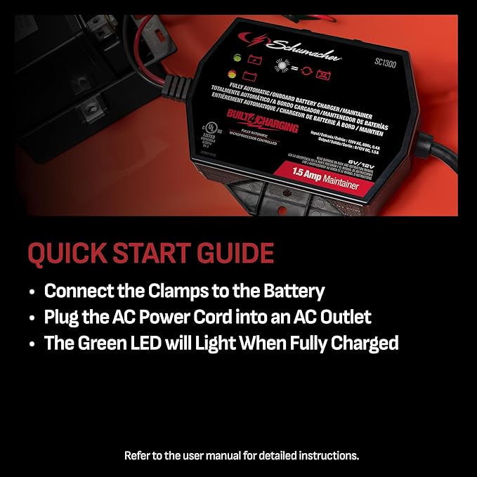 Schumacher Electric 1.5A Car Battery Charger and Maintainer, 3-in-1 Solution