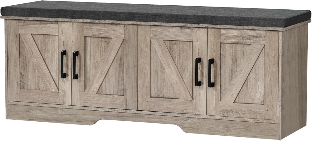 HOMSHO Farmhouse Shoe Storage Bench with 4 Barn Doors & Padded Seat Cushion