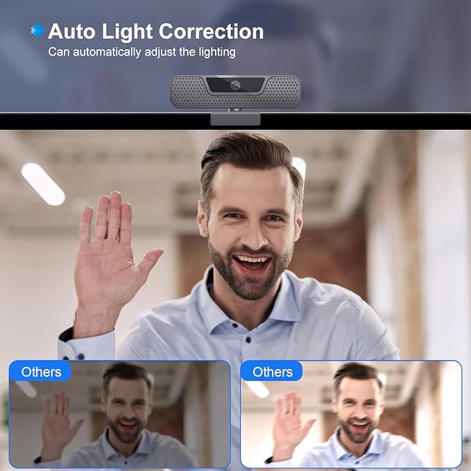 4K Auto Focus Webcam for PC, 4 AI Noise-Canceling Mics UHD Web cam, Auto Light