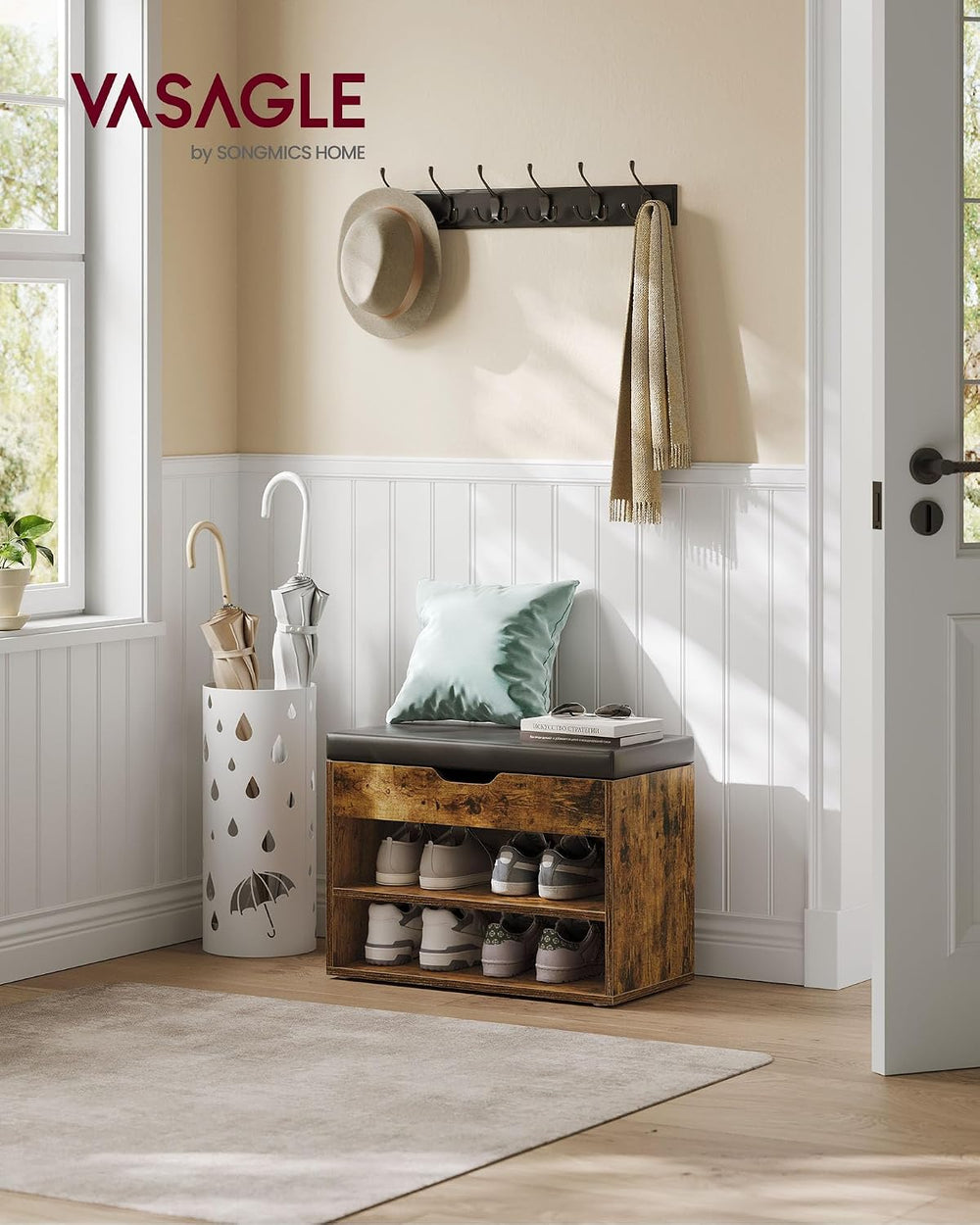VASAGLE Storage Bench with Cushion, Shoe Bench, 11.8 x 23.6 x 17.3 Inches