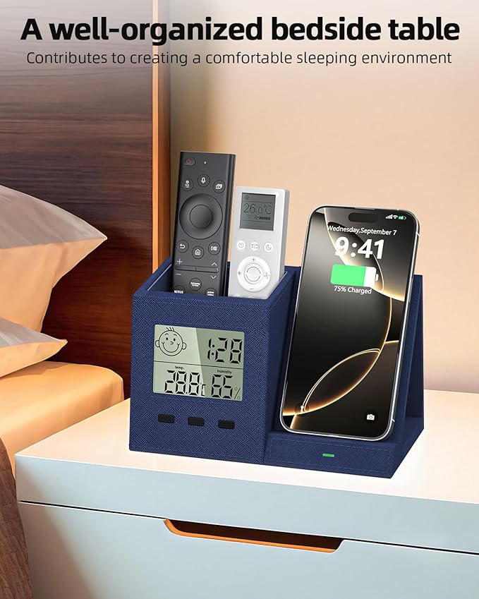 3-in-1 Wireless Charger with Pen Holder, Desk Clocks with Temperature and