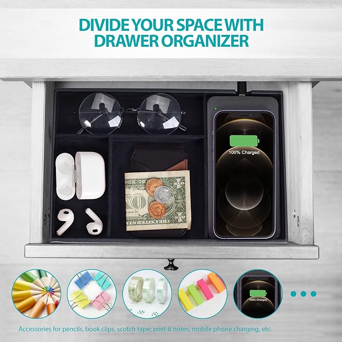 Valet Tray, Built in Wireless Charging Pad, Nightstand Organizer, Dresser