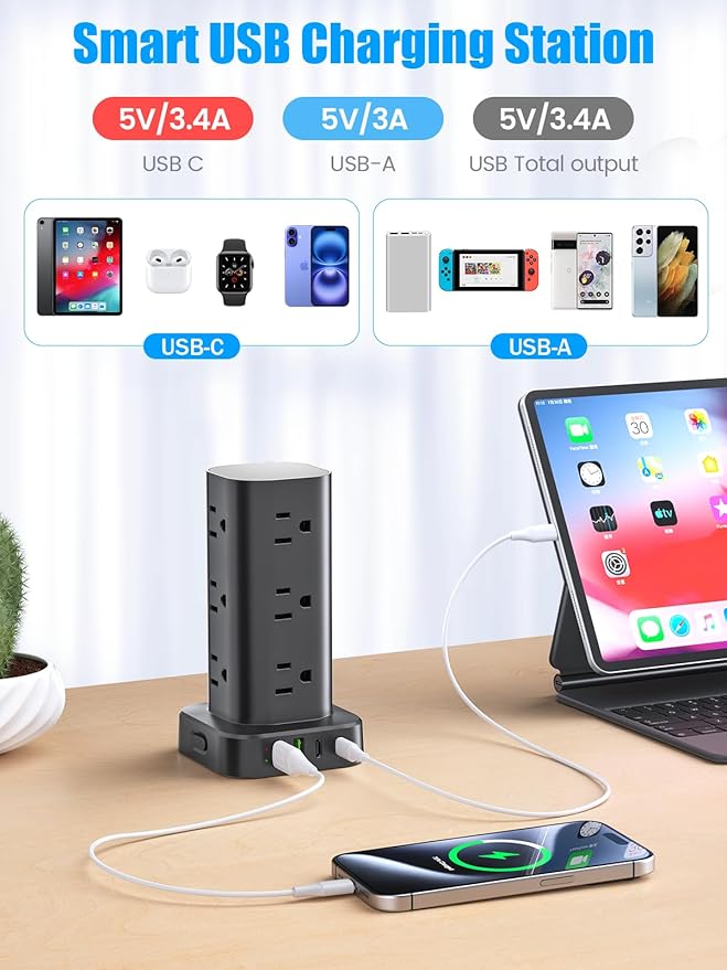 Tower Power Strip with 15W Wireless Charger, 6FT Flat Plug Extension Cord with