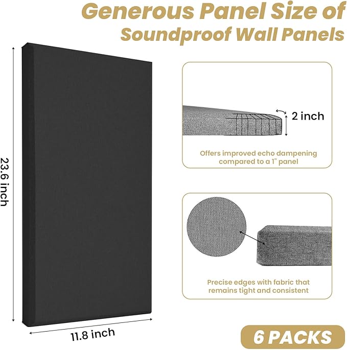 6 PCS Acoustic Panels, Large Soundproof Wall Panels, Professional Fiberglass