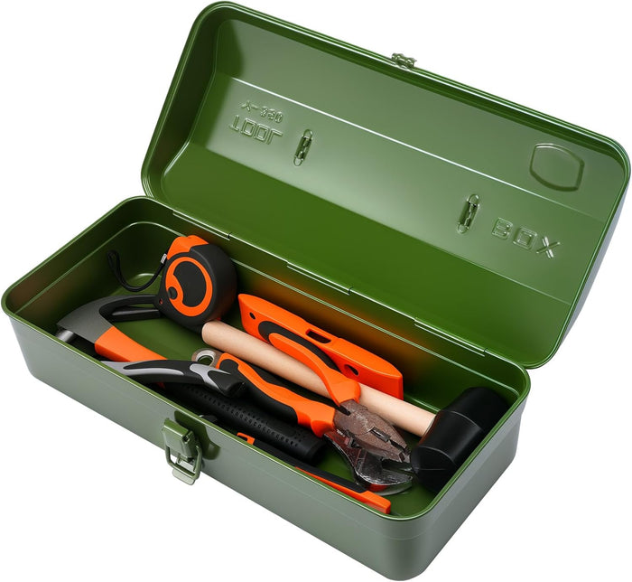15 Inch Metal Tool Box with Lock - Portable Heavy Duty Workshop Tool Storage Case with Handle, Locking Hardware Organizer Box for Tools, Screws & Parts (Green)