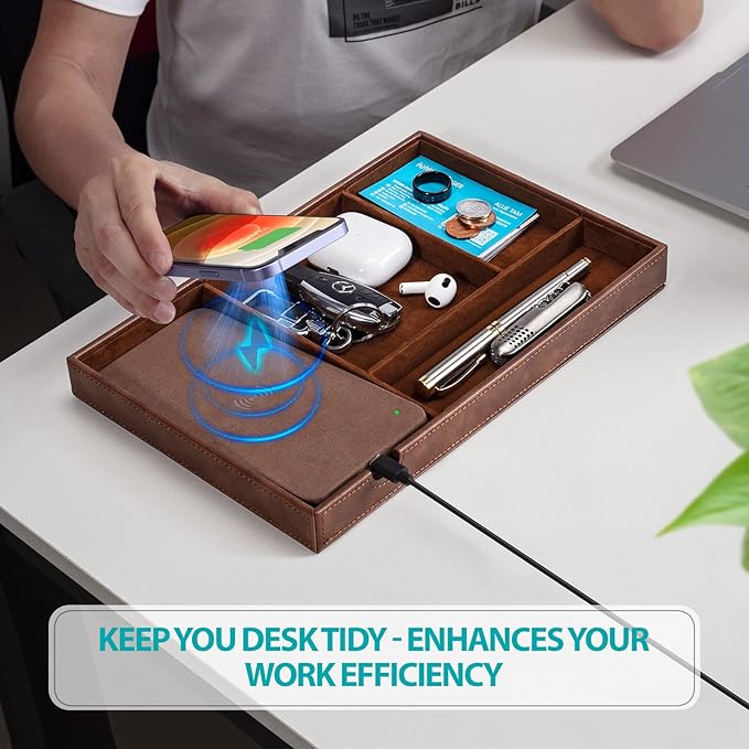 Valet Tray, Built in Wireless Charging Pad, Nightstand Organizer, Dresser