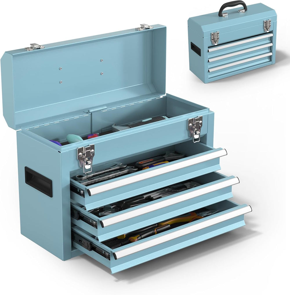 Portable Metal Tool Box – 3 Drawers Lockable Mini Toolbox, Heavy-Duty Tool Ch...