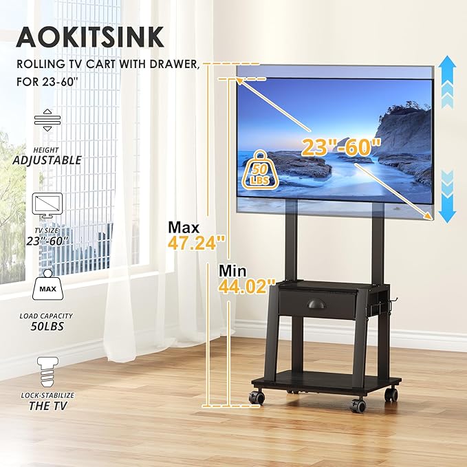 Mobile TV Stand with Drawer for 23-60 Inch Flat/Curved Screen, Tilt Rolling TV