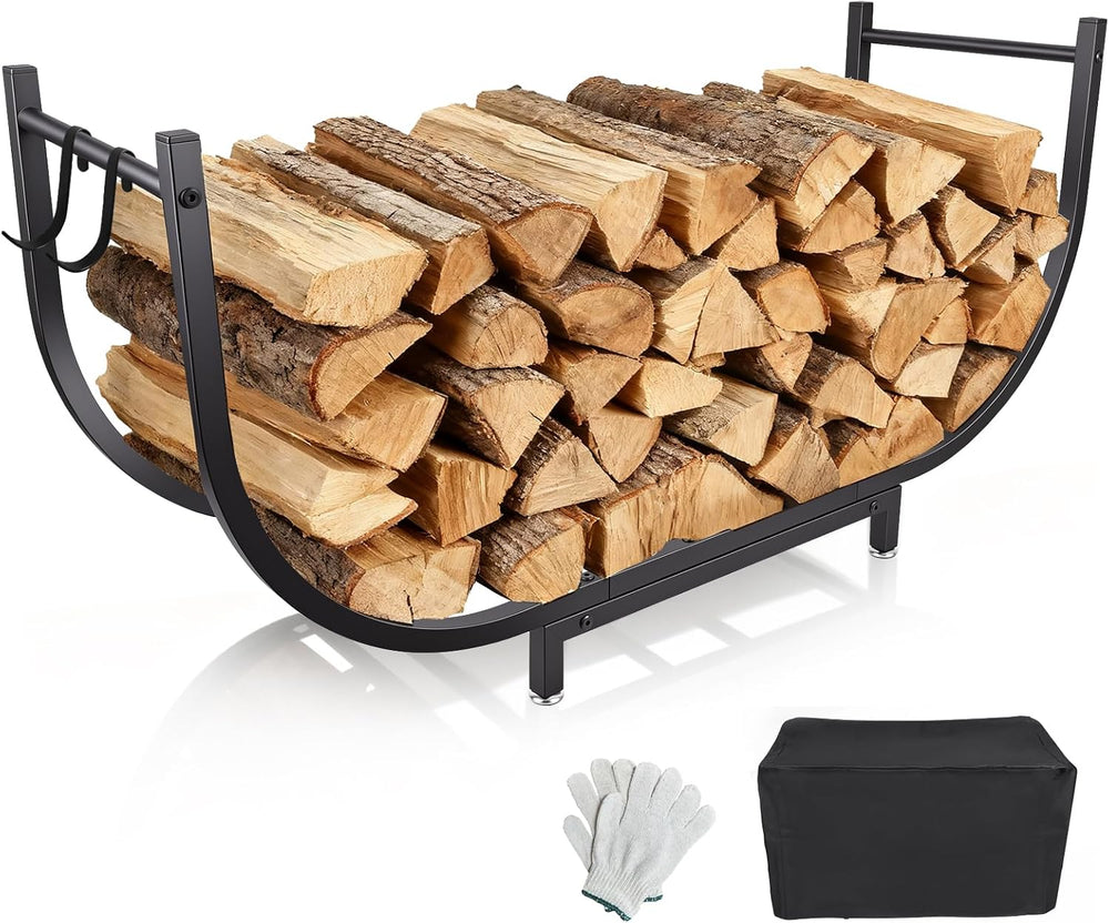 35’’ Firewood Rack Outdoor w Thicken Cover, Curved Metal Wood Rack Indoor