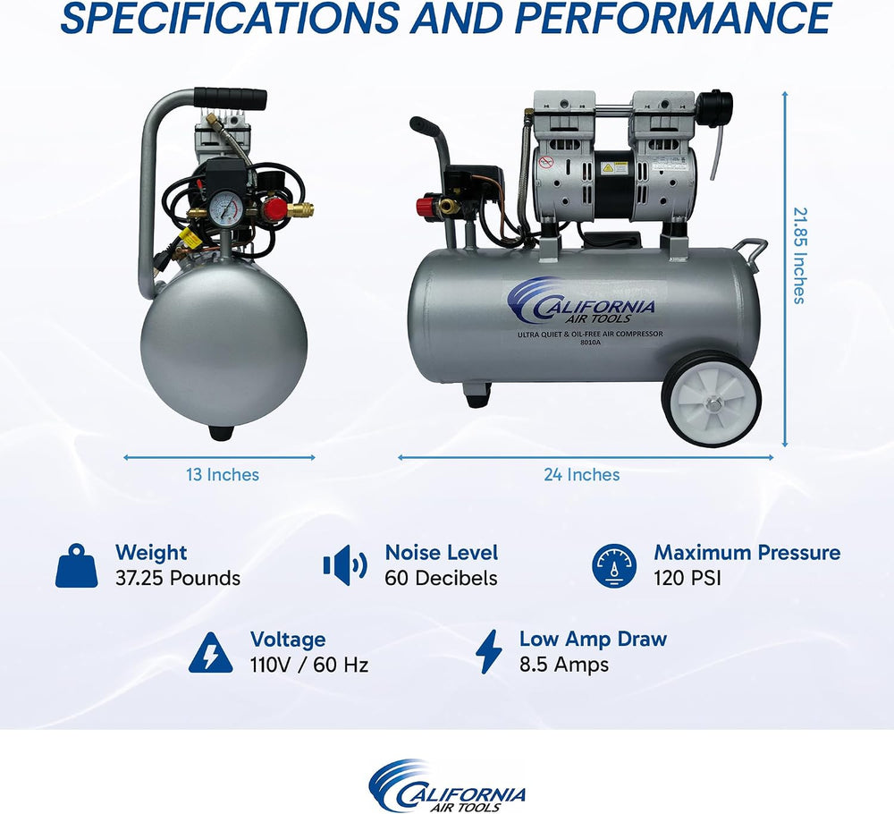 California Air Tools 8010A 1.0 HP Ultra Quiet and Oil-Free Air Compressor, 8 ...