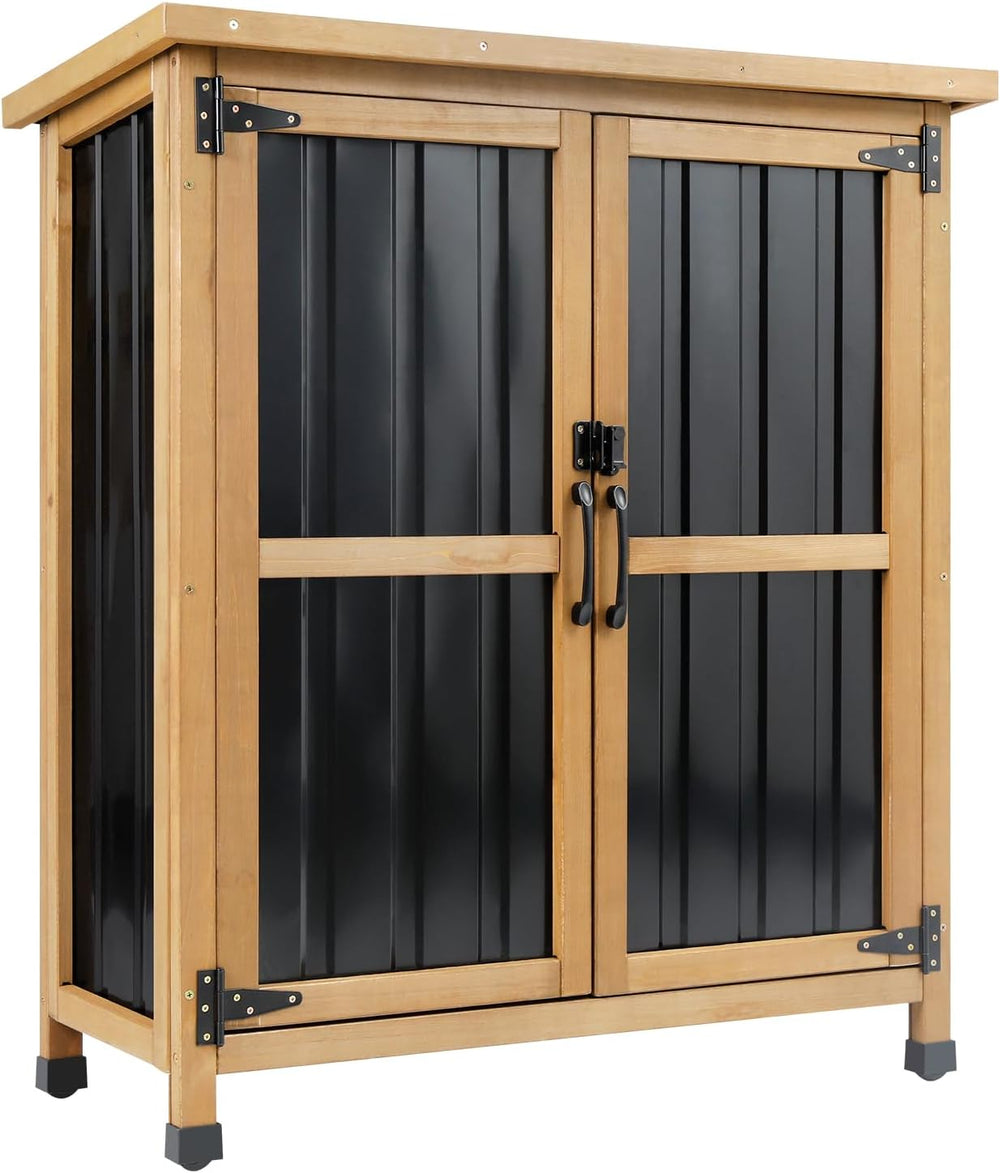Wood & Metal Outdoor Storage Cabinet with Waterproof Roof, Garden Tool Sh...
