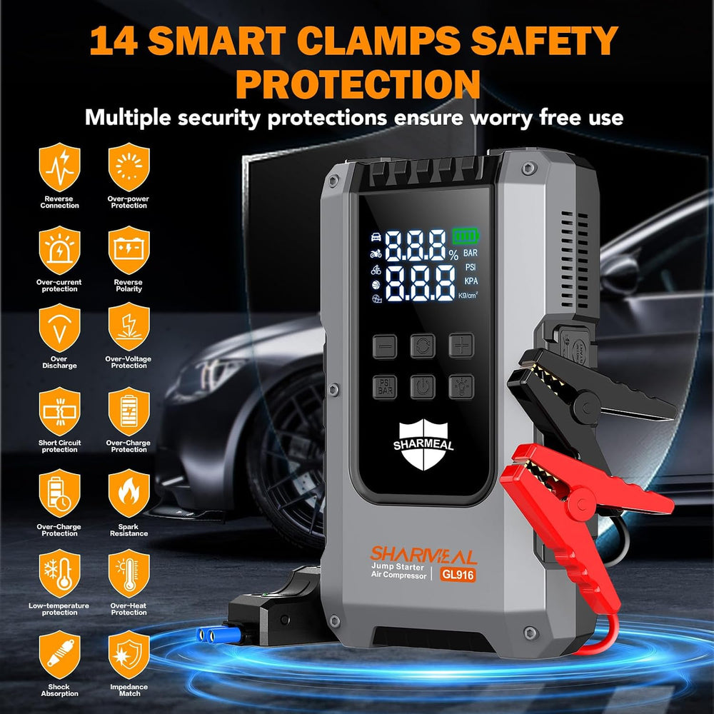 6000A Jump Starter with Air Compressor 160PSI 12V for All Gas/10L Diesel