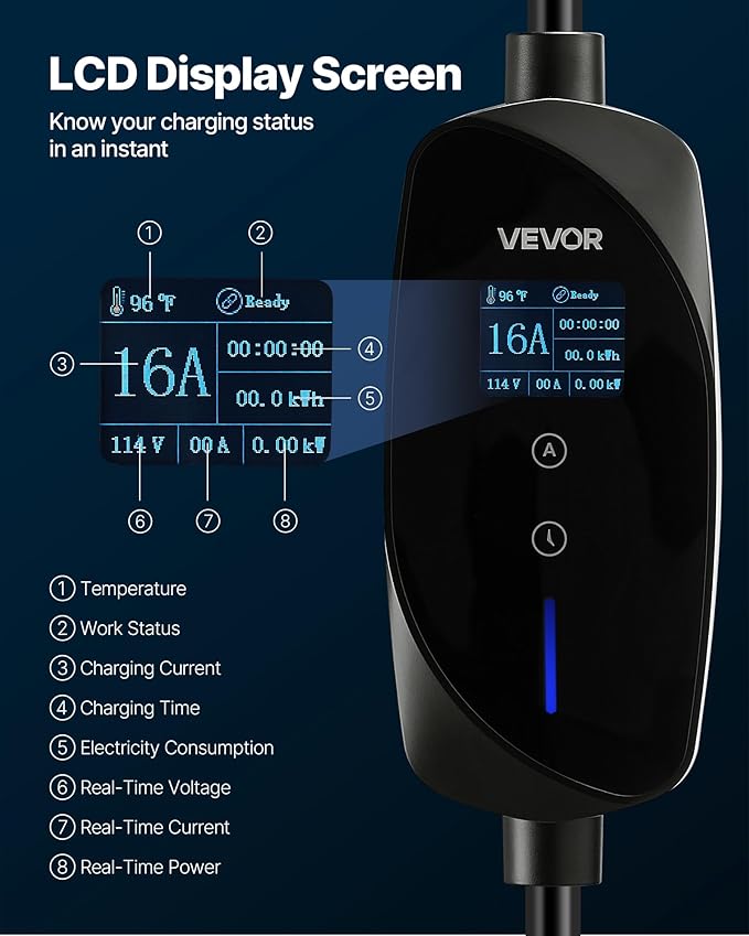 VEVOR Level 1&2 EV Charger, 16 Amp Adjustable Current, Electric Vehicle