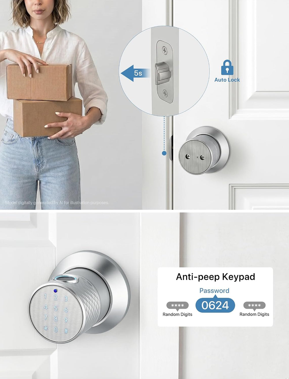 Smart Fingerprint Door Lock with App,Keypad Door Knob for Bedroom