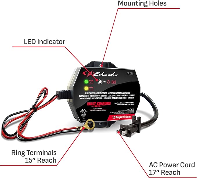 Schumacher Electric 1.5A Car Battery Charger and Maintainer, 3-in-1 Solution