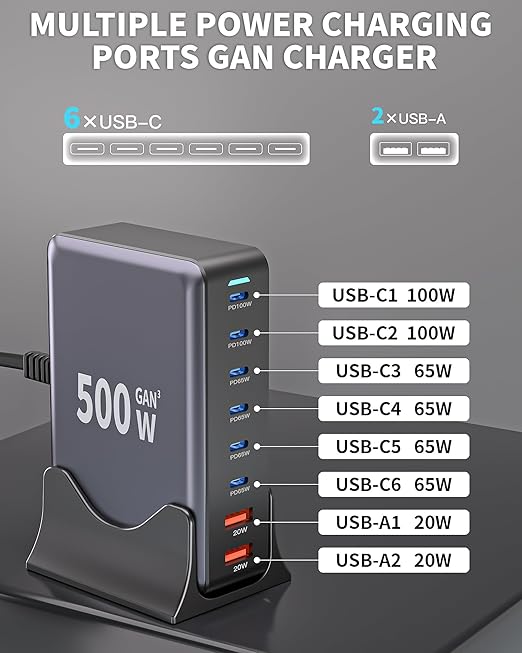 500W USB C Charger Block, GaN3 Charging Station 8-Port Fast USB Charger Block
