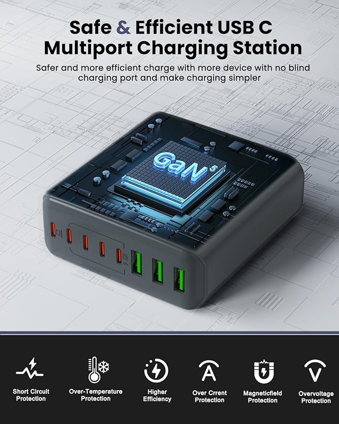 500W USB C Charger Block, 8-Port USB C Charging Station Fast Charging PD 120W