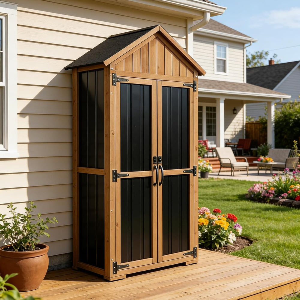 Outdoor Storage Cabinet with Shelves, Wood & Metal Storage Shed with Weat...