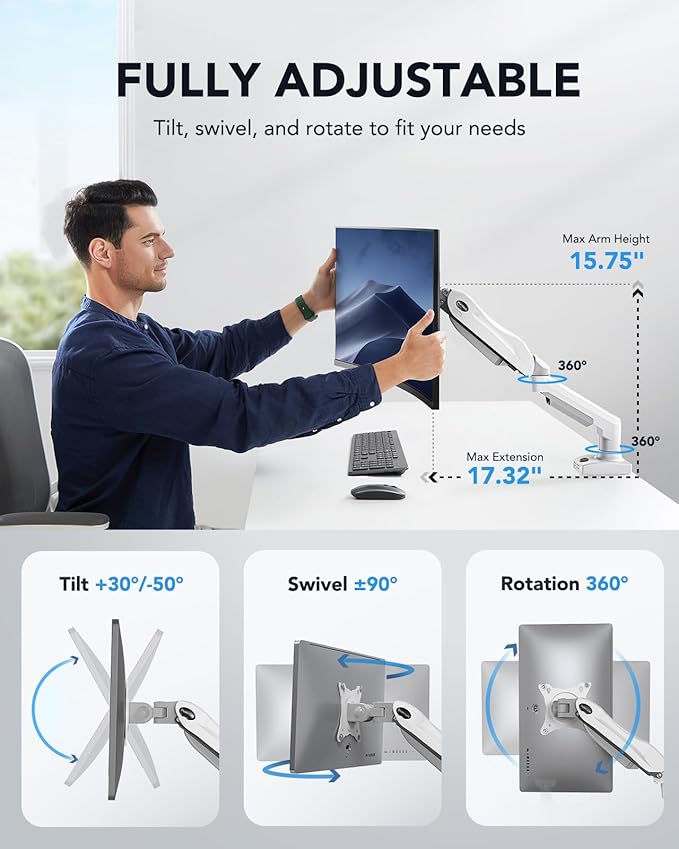 HUANUO Single Monitor Mount, 13 to 32 Inch Gas Spring Monitor Arm, Adjustable