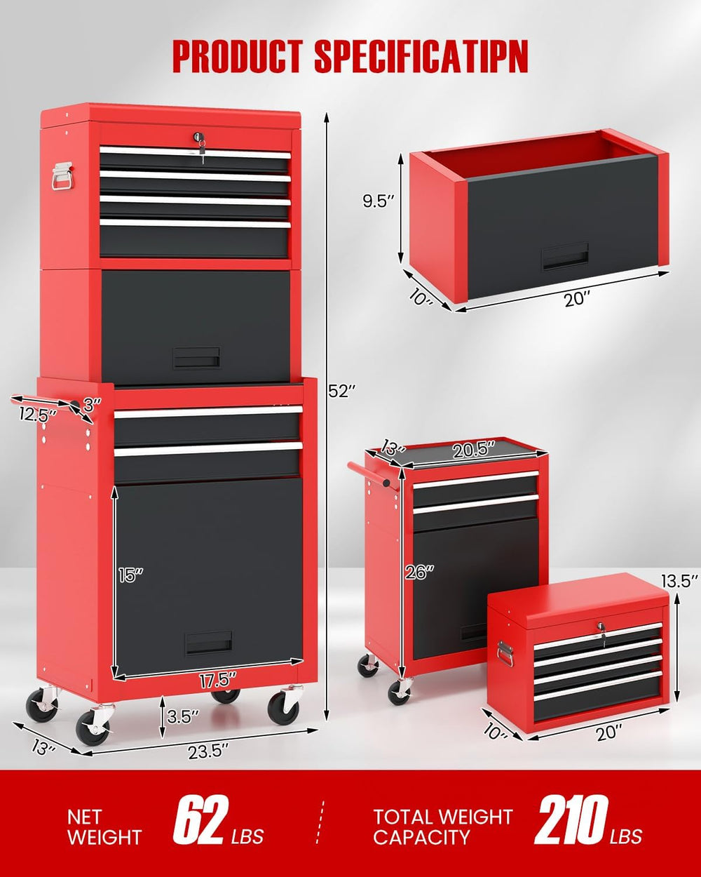 ARNOT 2-in-1 Rolling Tool Chest with 5 Drawers, Heavy-Duty Metal Tool Box wit...