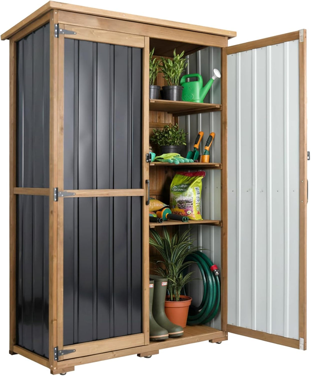 Outdoor Storage Cabinet with Shelves, Wood & Metal Storage Shed with Weat...