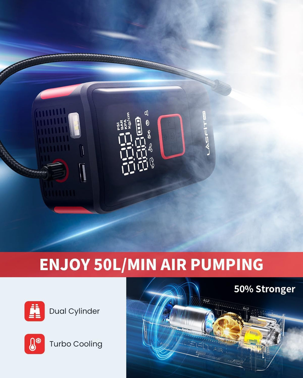 LASFIT TK1 Tire Inflator Portable Air Compressor, Cordless Tire Air Pump for ...