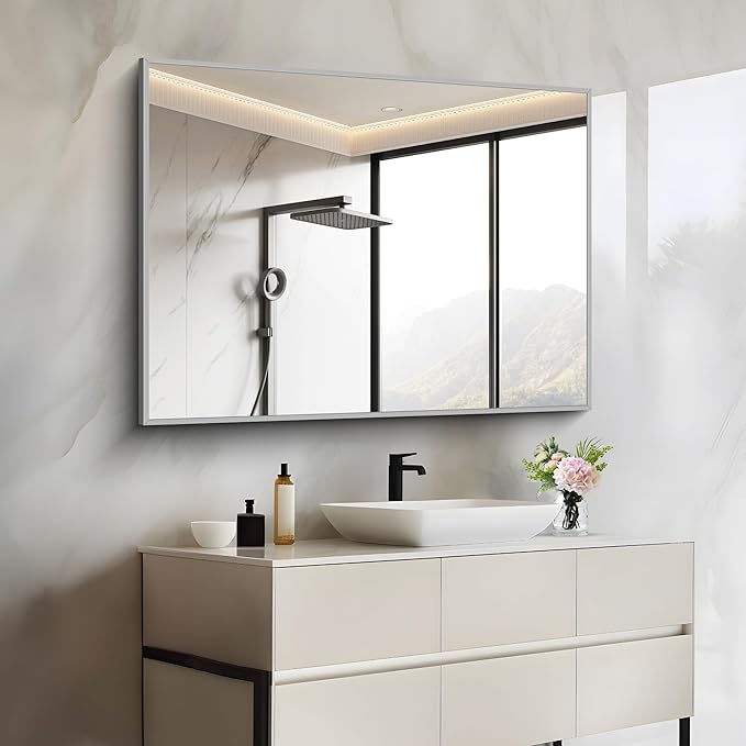 30x40In Silver Bathroom Mirror for Wall, Brushed Nickel Rectangle Mirrors