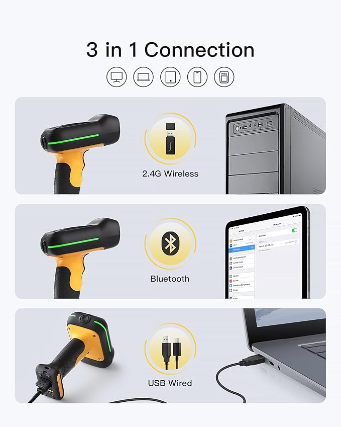 Inateck Industrial Barcode Scanner Bluetooth, 1D 2D QR Code Scanner Wireless