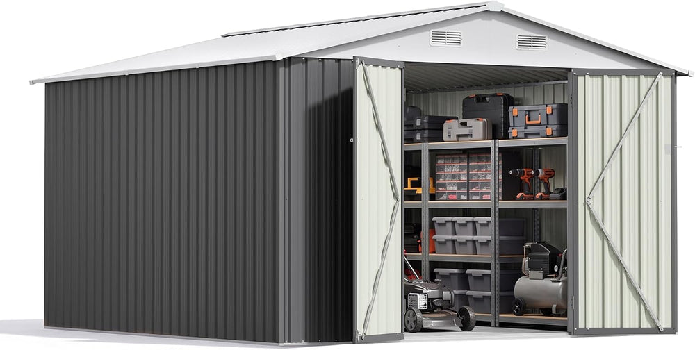 Patiowell 10x10 FT Storage Shed, Outdoor Metal Sheds, Gray