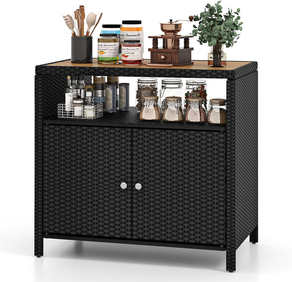 Rattan Storage Cabinet, Outdoor & Indoor Sideboards with Acacia Wood Coun...